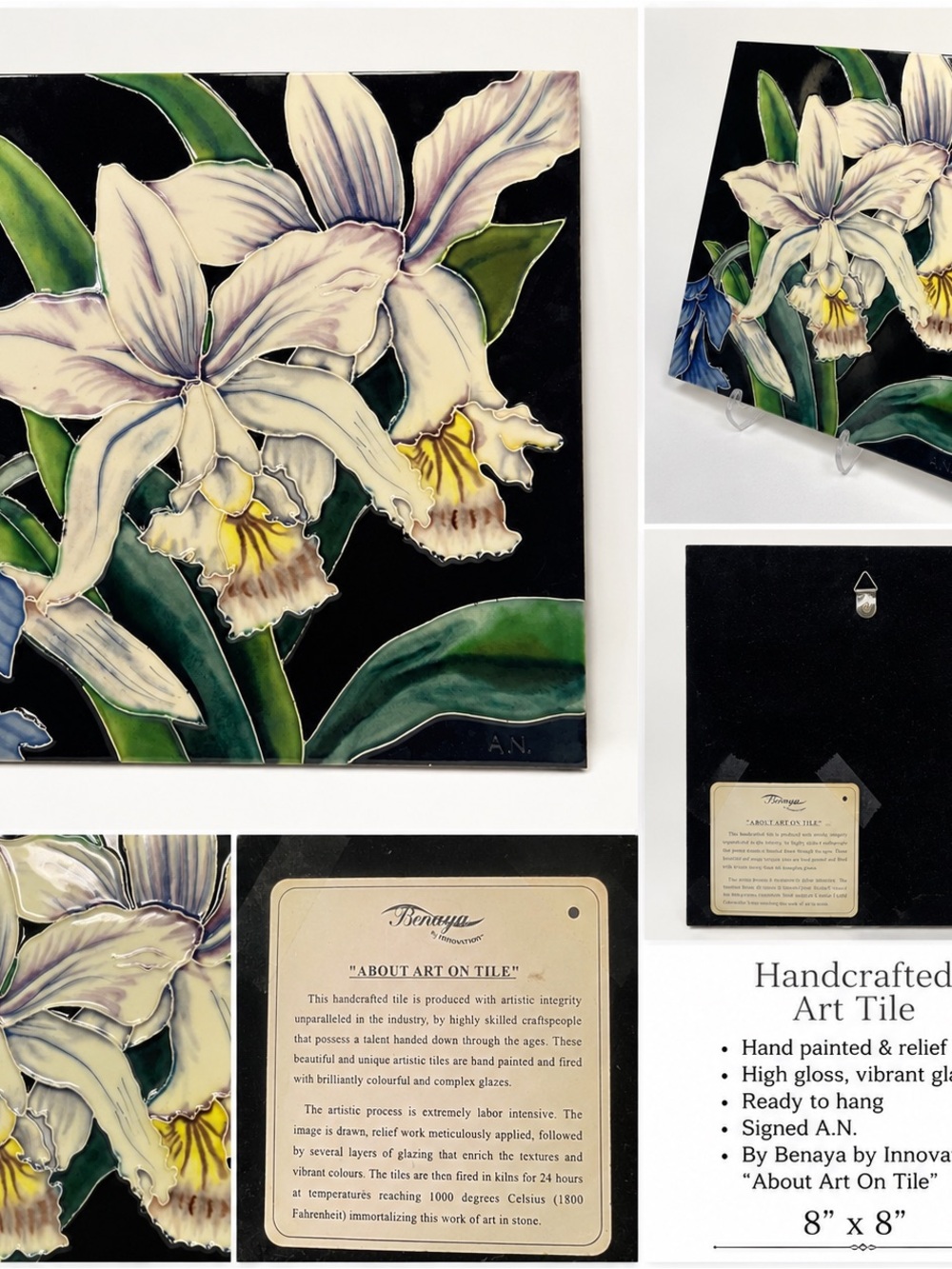 Hand-Painted Floral Art Tile - White & Yellow Orchid
